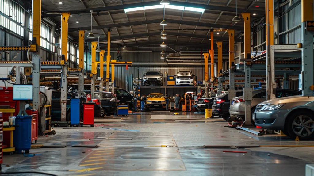 a bustling automotive workshop in shepparton, featuring skilled technicians diligently repairing vehicles, with state-of-the-art equipment and gleaming cars in various stages of repair, showcasing the trusted expertise of makar automotive.