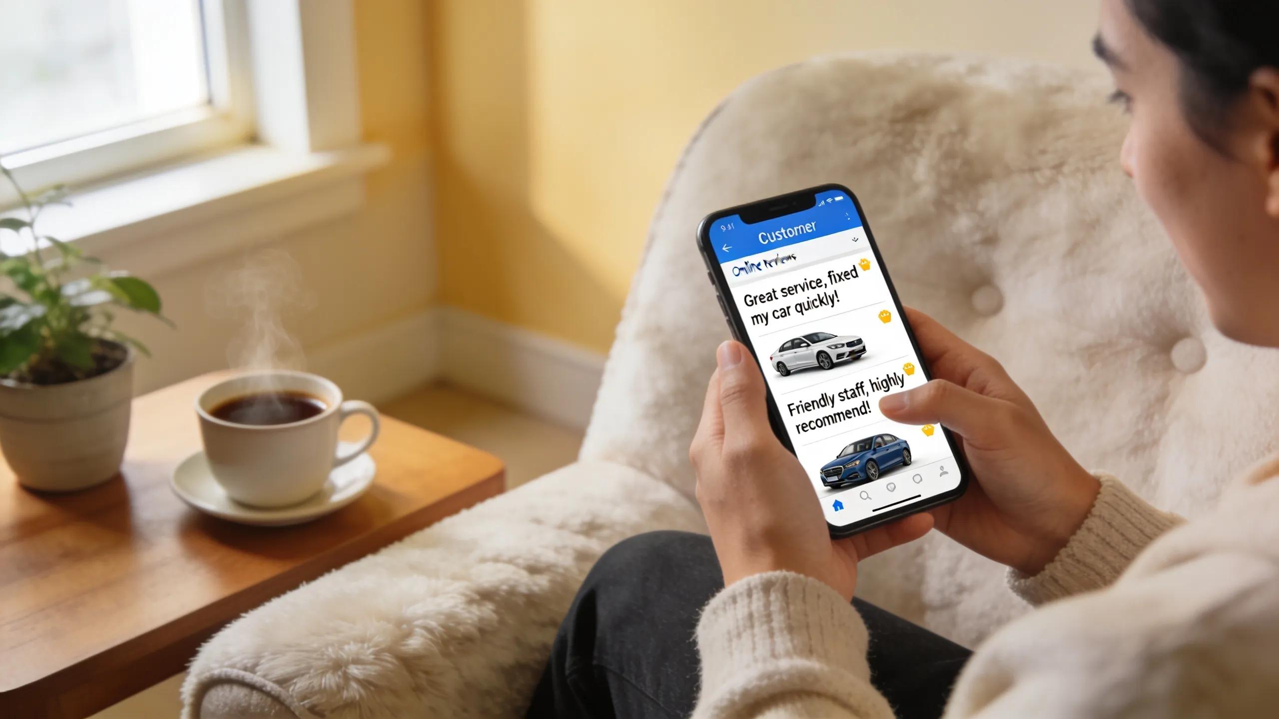 Woman using smartphone to view Makar Automotive online service booking and customer feedback.