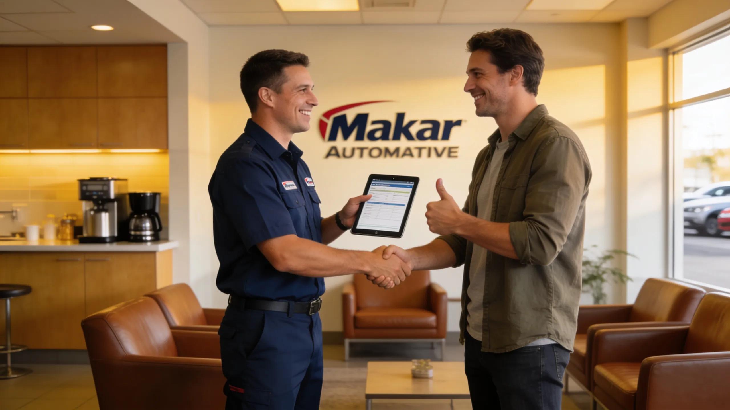 Makar Automotive technician and customer shaking hands, demonstrating customer satisfaction and quality service in Shepparton.