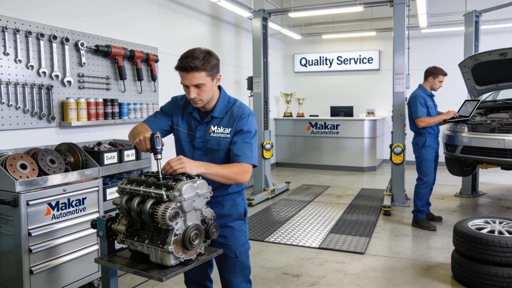 Makar Automotive workshop with mechanic working on engine and technician using tablet, showcasing quality car service in Shepparton.
