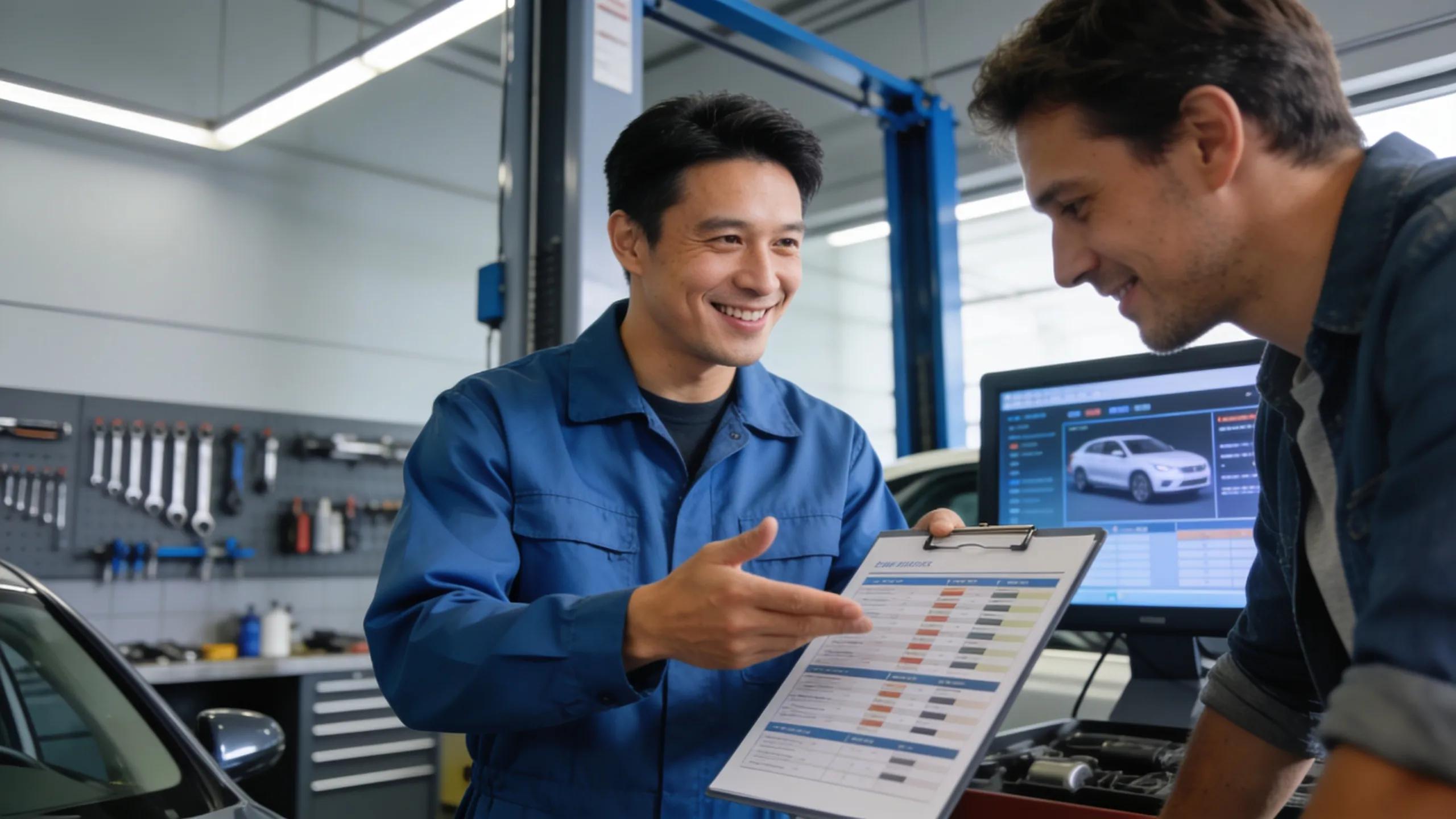 Makar Automotive mechanic discussing car repair options with customer, showing transparent pricing.