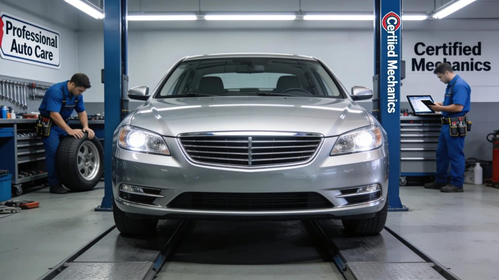 Makar Automotive mechanics servicing car on lift, comparing service costs in Shepparton.